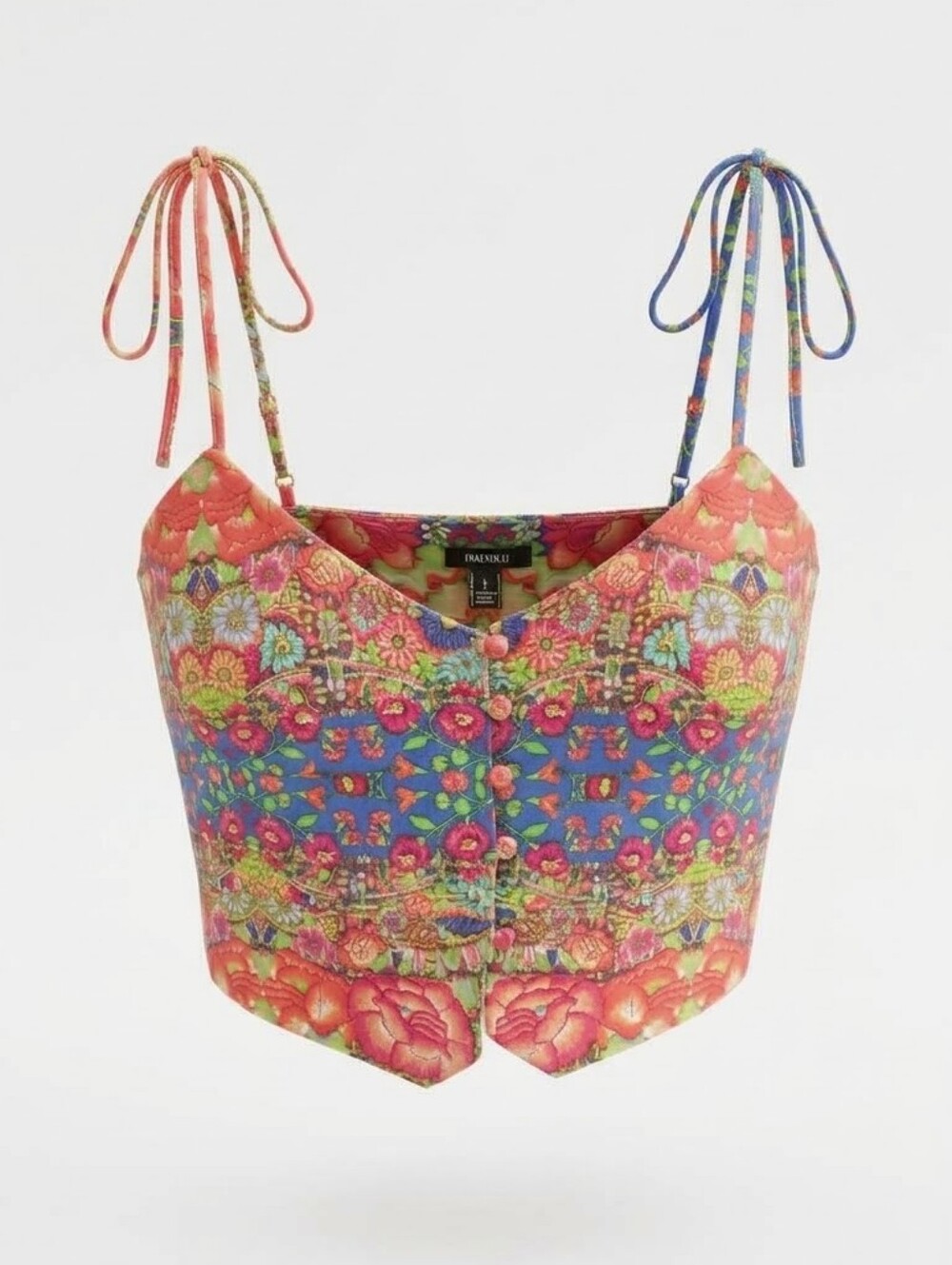 Forever 21 Coral BlueMulticolor Floral Tie-Strap Button Front Crop Top XL